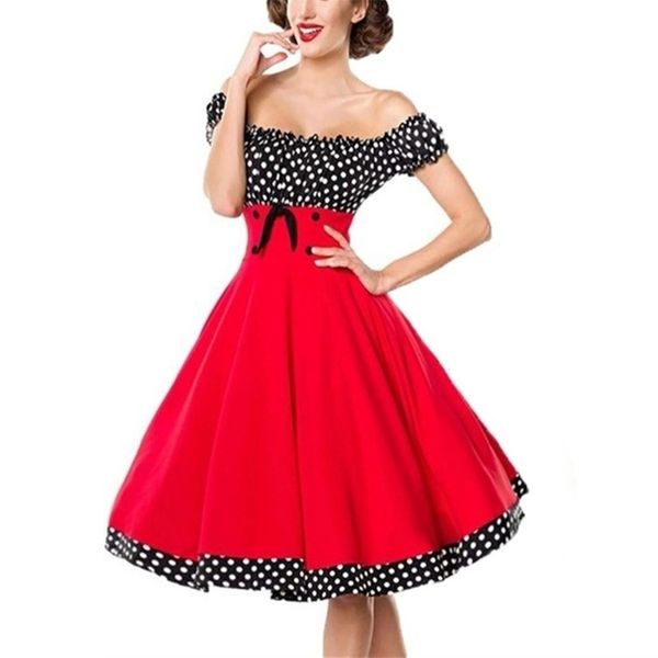 

missjoy new summer plus size 3xl women vestido polka dot printed off shoulder a line rockabilly vintage party dress 210325, Black;gray