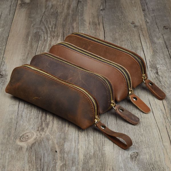 

cowhide pen bag handmade men women retro storage pen case with zipper 1222616