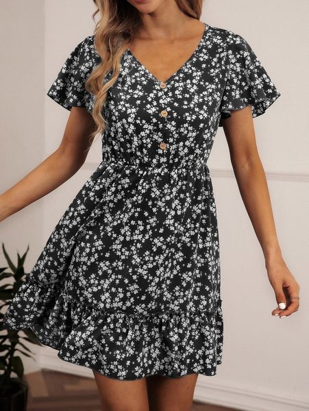

ditsy floral print v-neck ruffle hem dress h8my#, Black;gray