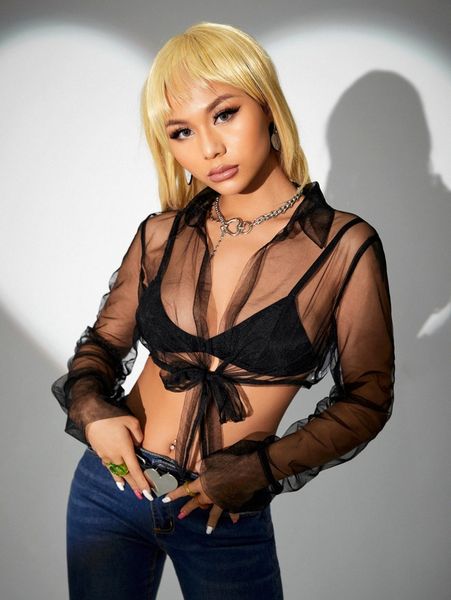 

knot front crop mesh blouse without bra g6qj#, White