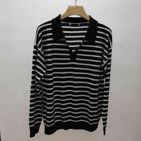 

women's knits tees lapel long sleeve bottomed knitted polo striped shirt ins slim v-neck temperament simple top, White