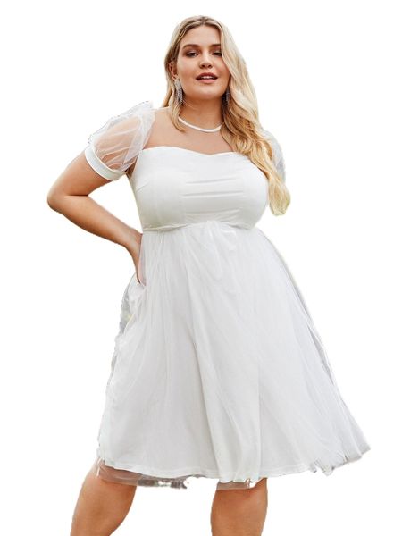 

plus sweetheart neck puff sleeve knot front mesh dress v8pi#, Black