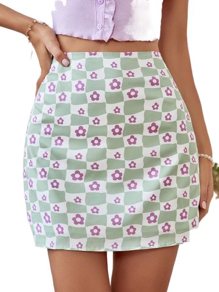 

high waist floral print skirt p8mj#, Black