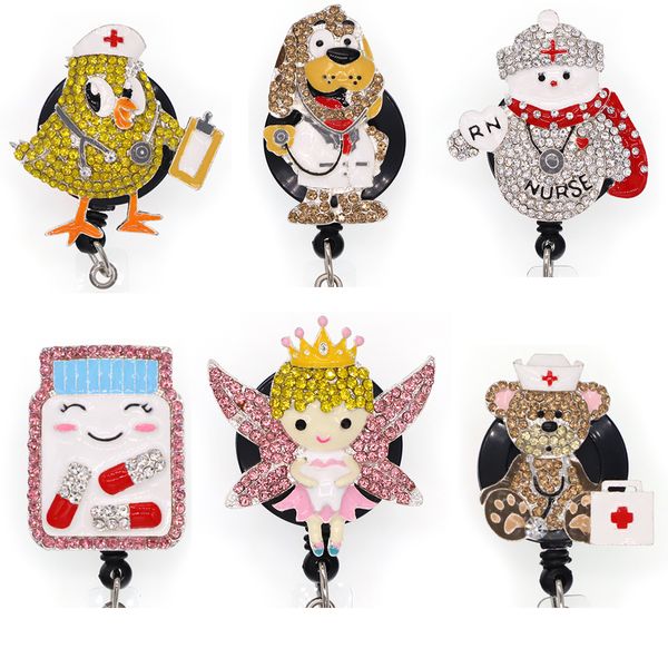 

key rings medical rhinestone retractable id holder for nurse name accessories badge reel with alligator clip, Slivery;golden