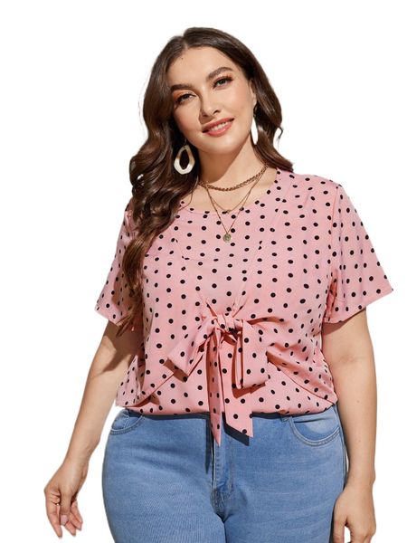 

plus polka dot knot front blouse z7sy#, Black