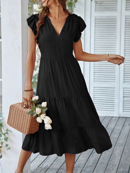 

flutter sleeve ruffle hem dress a0l5#, Black;gray