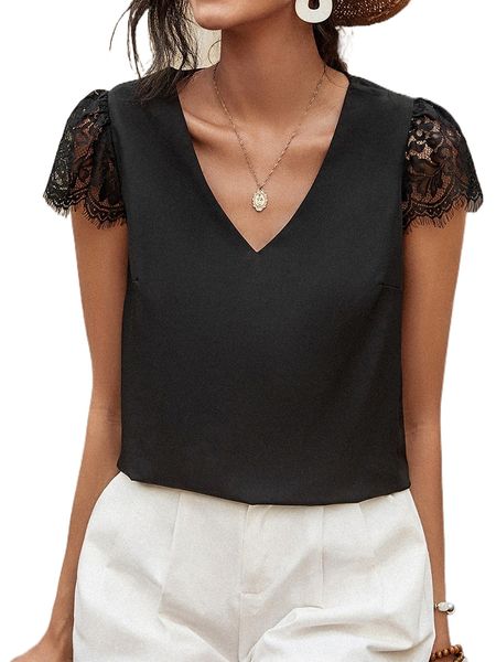 

contrast eyelash lace puff sleeve blouse p6bm#, White