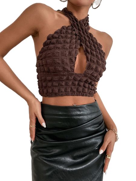 

waffle cut out front crop halter g1qa#, White
