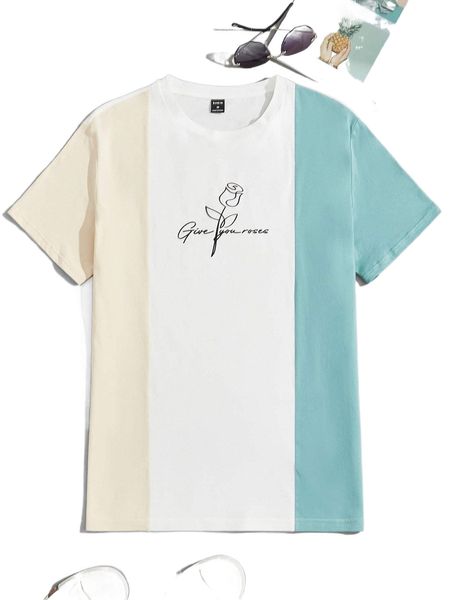 

men colorblock floral & slogan graphic tee z6pq#, White;black