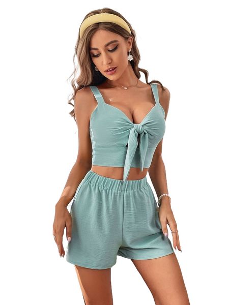 

knot front shirred back crop & shorts v2gy#, White