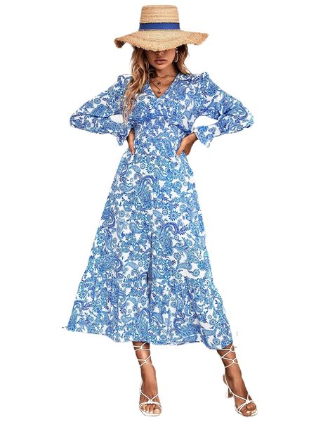

paisley & floral print shirred waist split thigh dress k2kd#, Black;gray