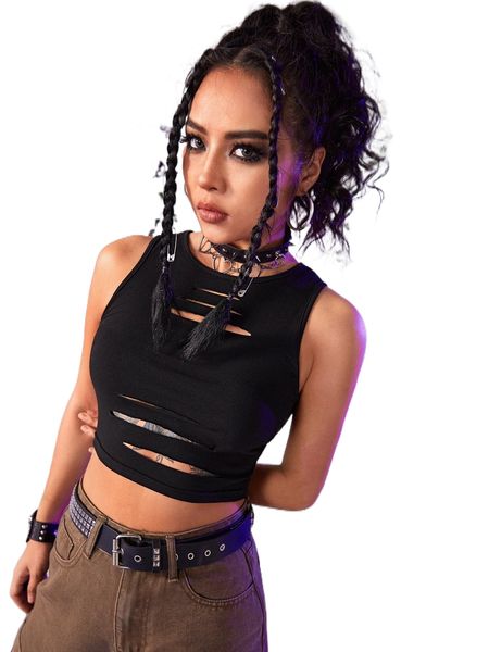 

romwe punk rock solid cut out crop tank z36t#, White