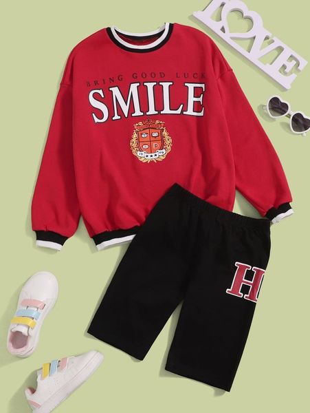

girls & letter graphic drop shoulder pullover & biker shorts she, White