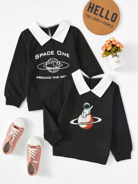 

toddler boy 2pcs cartoon & letter graphic contrast collar sweatshirt she, Black