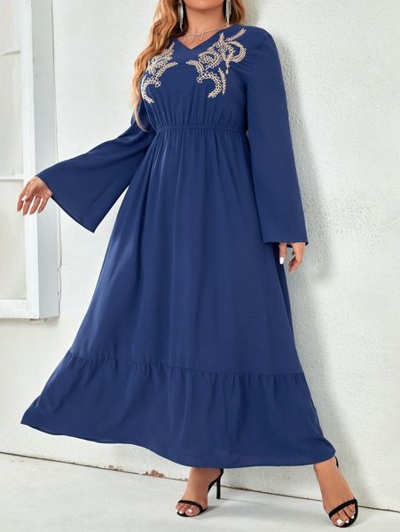 

plus plant embroidery ruffle hem dress 65wp#, Black