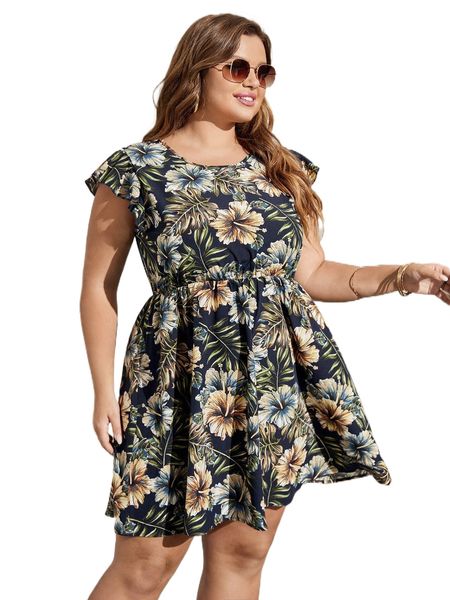 

plus tropical print flutter sleeve dress s5vf#, Black