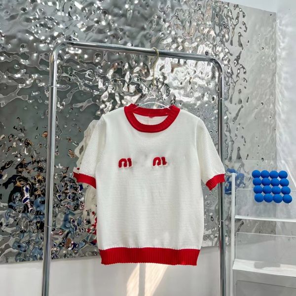 

women's t-shirt designer 22 summer new miu letter towel embroidered contrast color thread round neck ice silk sleeve hollowed out knitt, White