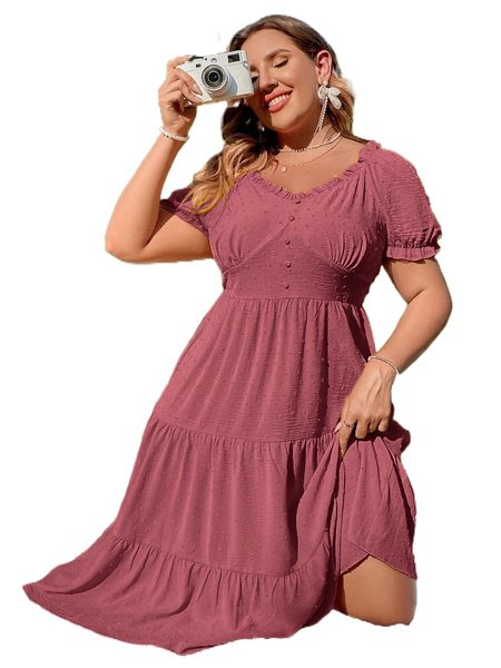 

plus swiss dot frill trim ruffle hem a-line dress b9rf#, Black