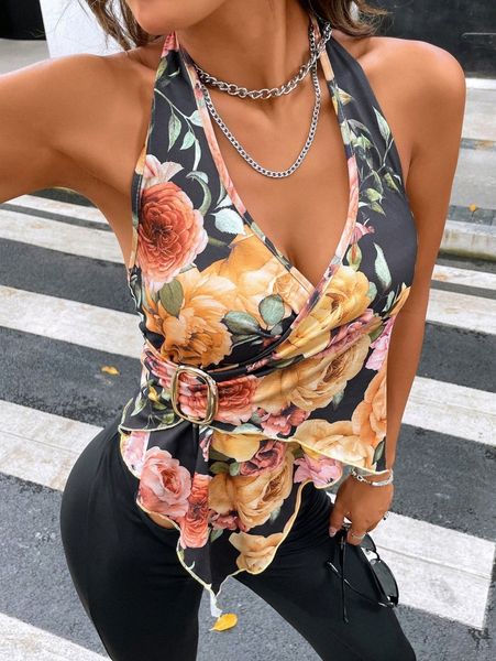 

floral print asymmetrical hem halter v9ge#, White