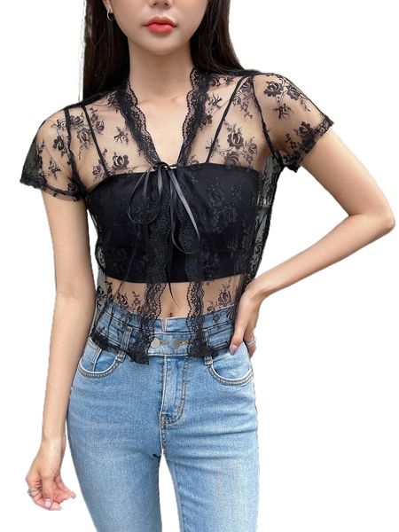 

dazy floral print tie front contrast lace mesh without camisole l9xq#, White