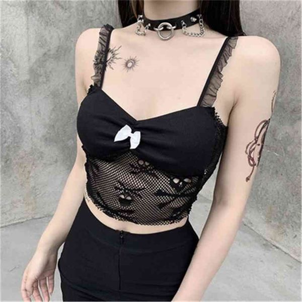 

skulls printed crop y2k black tank lace see through camis frill spaghetti strape party women clubwear 210401, White