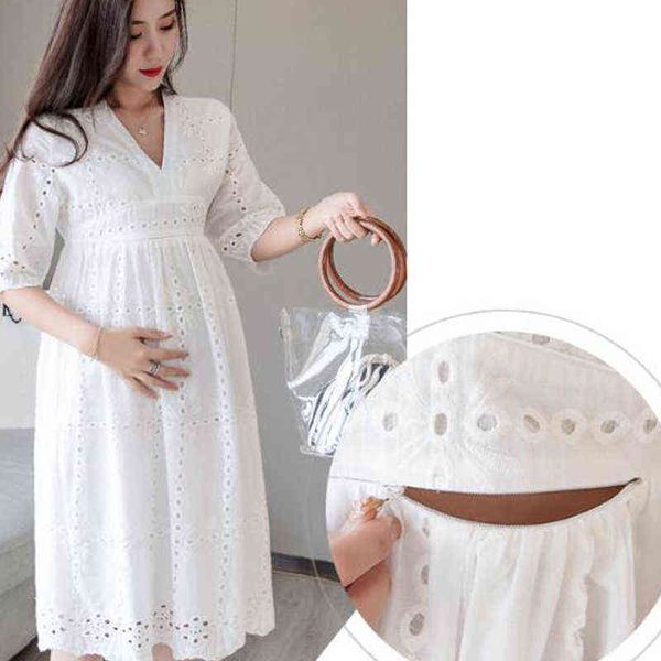 

delicate hollow out white maternity dresses breast feeding dress maternity clothings pregnant women loose pregnancy clothes g220418