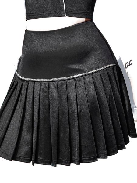 

rhinestone pleated hem satin skirt h4tq#, Black