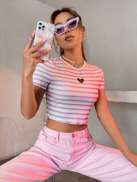 

striped print heart cut out crop tee 058w#, White