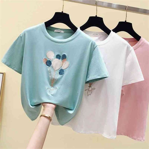 

gkfnmt summer pink t shirt women kawaii embroidery white tshirt women korean clothes short sleeve casual tee shirt femme 210320