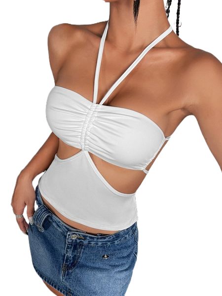 

cut out front ruched crop halter s5vq#, White