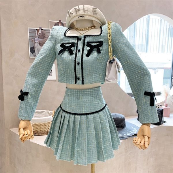 

small fragrance tweed 2 piece set women bow short jacket coat + skirt suits korean sweet outfits french vintage two piece sets 220514, White