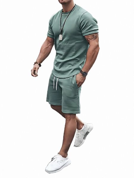 

men solid tee & drawstring waist shorts i8hx#, Gray