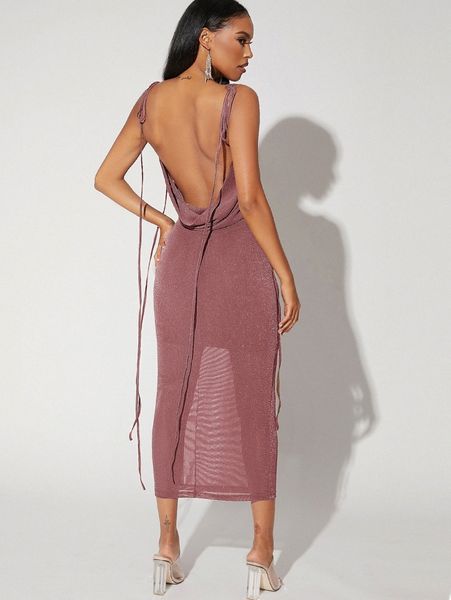 

tied shoulder backless glitter dress y52h#, Black;gray