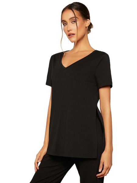 

split hem v neck tee o54p#, White