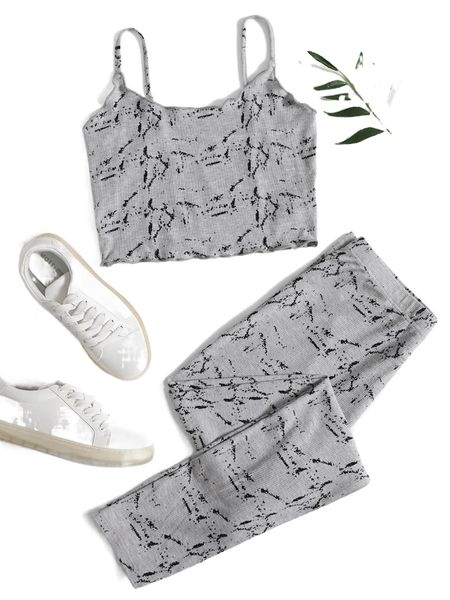 

graphic print cami & pants set 47l6#, White