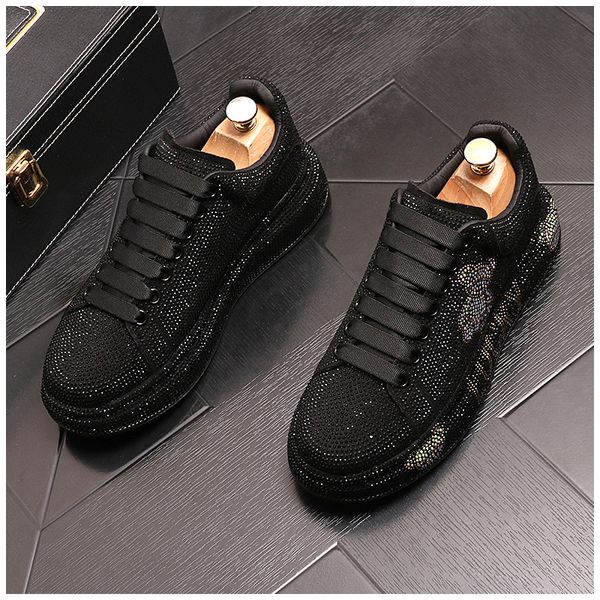 

2022 new platform flat leather shoes rhinestone fashion men embroidery loafer dress smoking slipper casual diamond shoe 38-43, Black