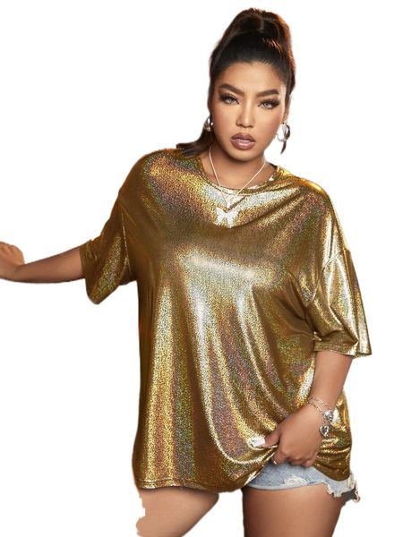 

plus holographic drop shoulder metallic tee p9ie#, Black