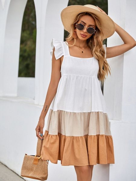 

ruffle trim colorblock smock dress w1ax#, Black;gray