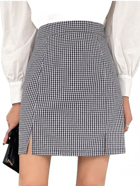 

dazy high waist gingham split hem skirt 364b#, Black