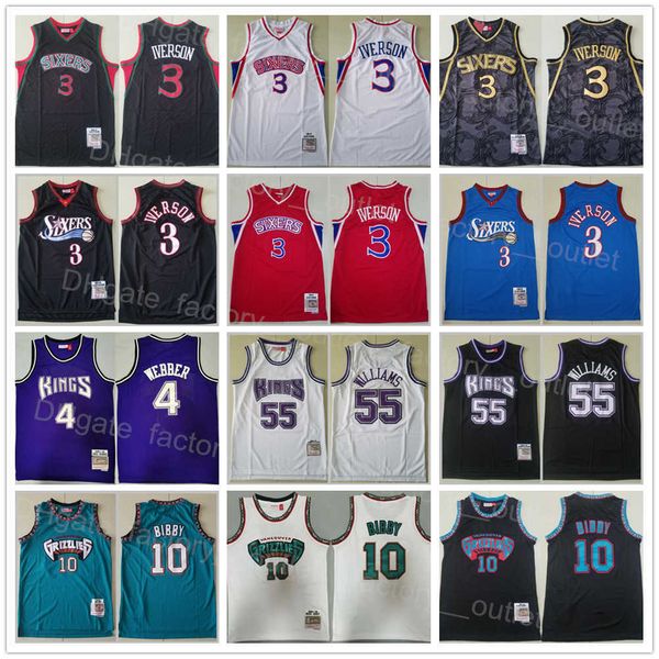 

mitchell and ness basketball allen iverson jersey 3 vintage jason williams 55 chris webber 4 michael mike bibby 10 retro team color black bl, Black;red