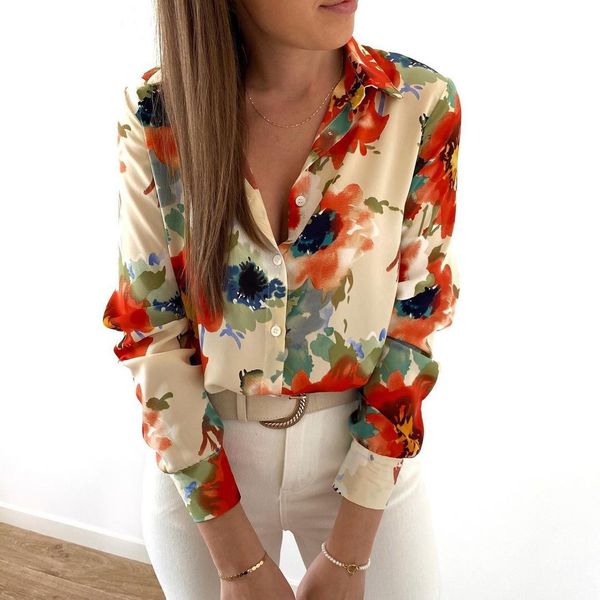 

floral blouse women lady office work shirts turn-down collar blouses, White