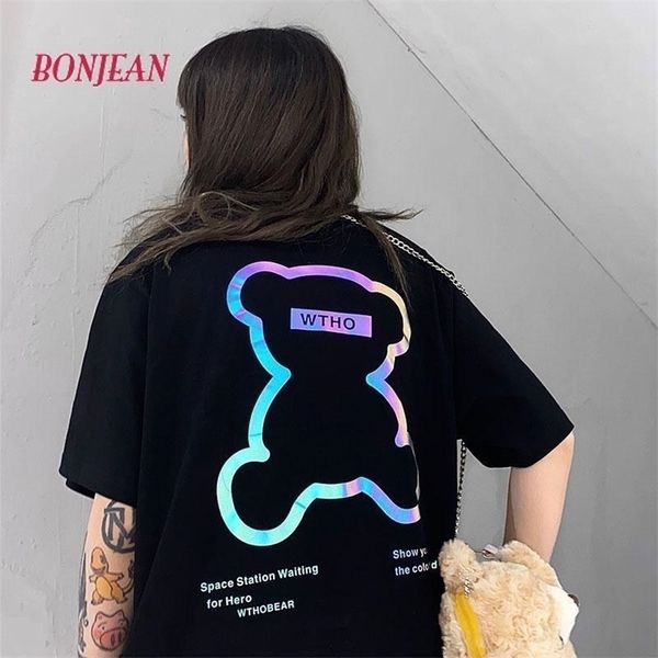 

reflective bear women t-shirt plus size harajuku korean short-sleeved women national fashion loose fashion couple clothes 210311, White