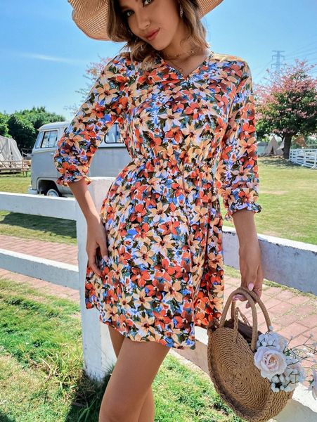 

allover floral print flounce sleeve dress without belt 61c6#, Black;gray