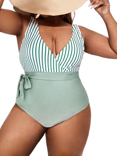 

plus striped knot one piece swimsuit v0yv#, White;black