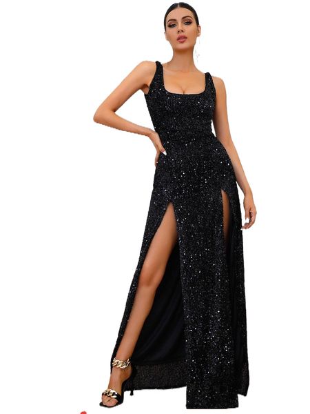 

love&lemonade zip back split thigh sequin dress u25v#, Black;gray