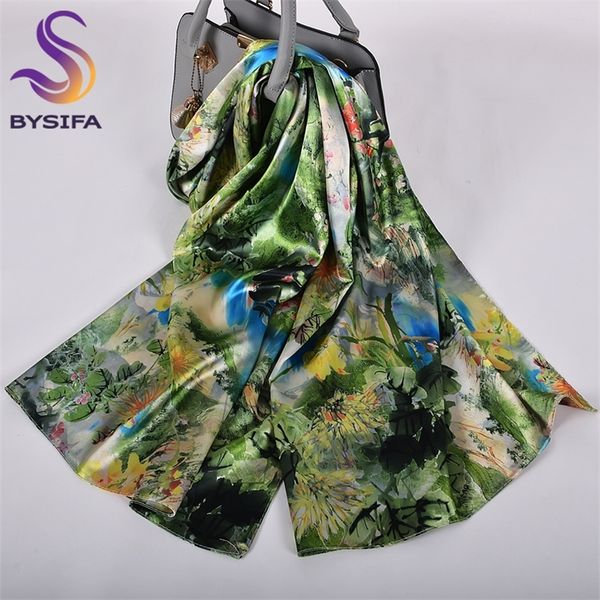 

[bysifa] green blue ladies satin long silk scarf shawl fashion brand scarves printed spring fall female head scarf 160*70cm 220507, Blue;gray