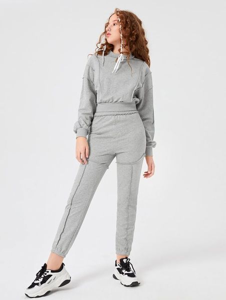 

teen girls solid drop shoulder seam sweatshirt & sweatpants set she, White