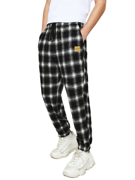 

1pc drawstring waist patch detail plaid print pants o1r6#, Black