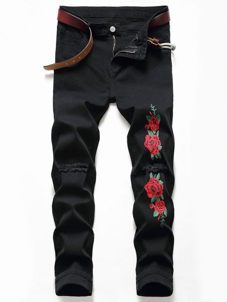 

romwe guys floral embroidery ripped jeans j7zg#, Blue