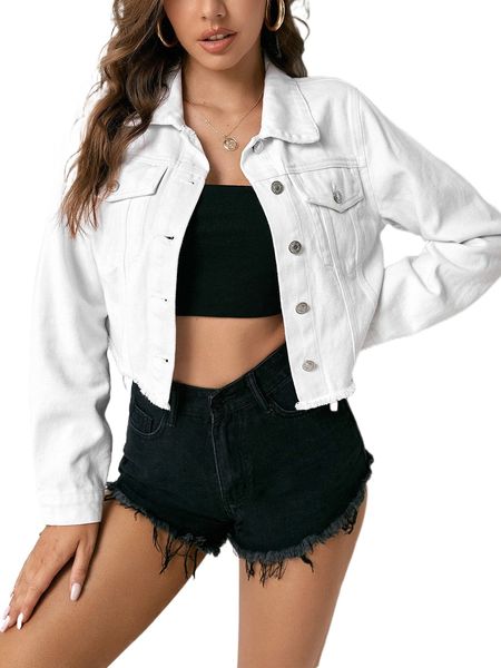 

button front raw hem denim jacket j4ee#, Black;brown